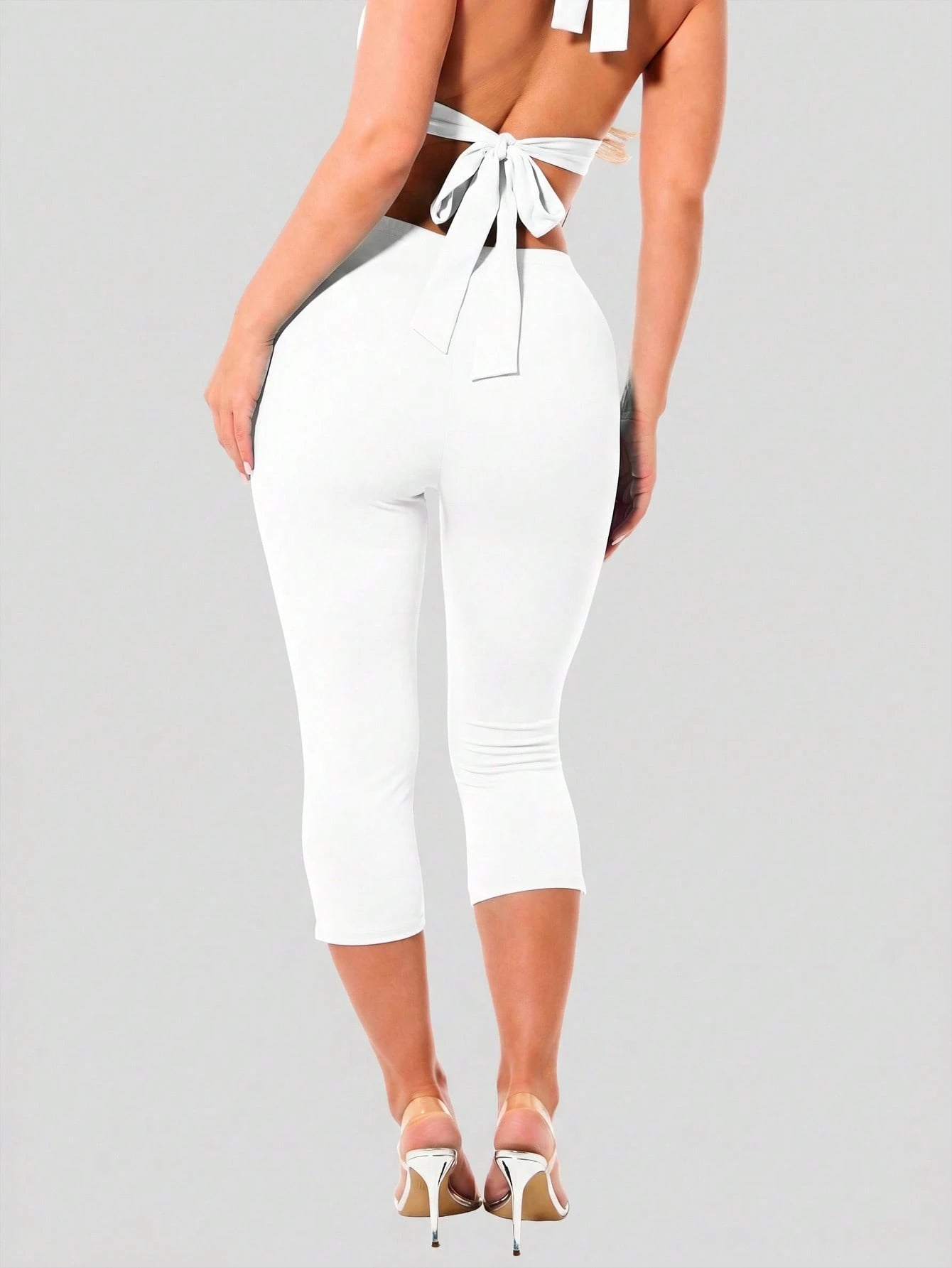 BABYPHAT Women's Solid Color Waist Pleated Side Slit Casual 7/8 Length Leggings