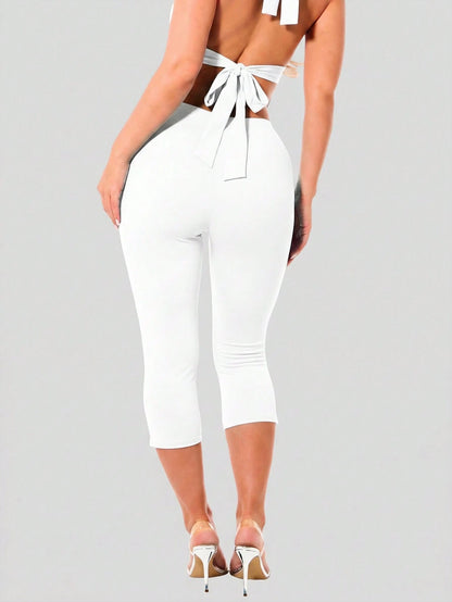 BABYPHAT Women's Solid Color Waist Pleated Side Slit Casual 7/8 Length Leggings