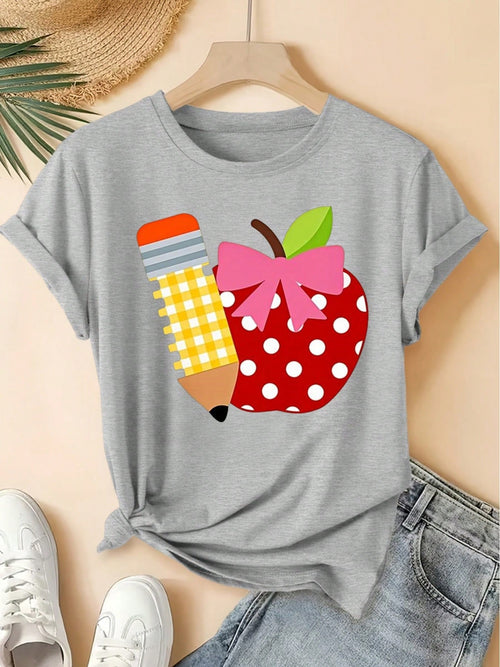 Back To School Outfits,Women'S Teacher T-Shirt, Cute Pencil And Apple With Polka Dot Bow, Heart Apple Design,Casual Top For Educators100%Cotton