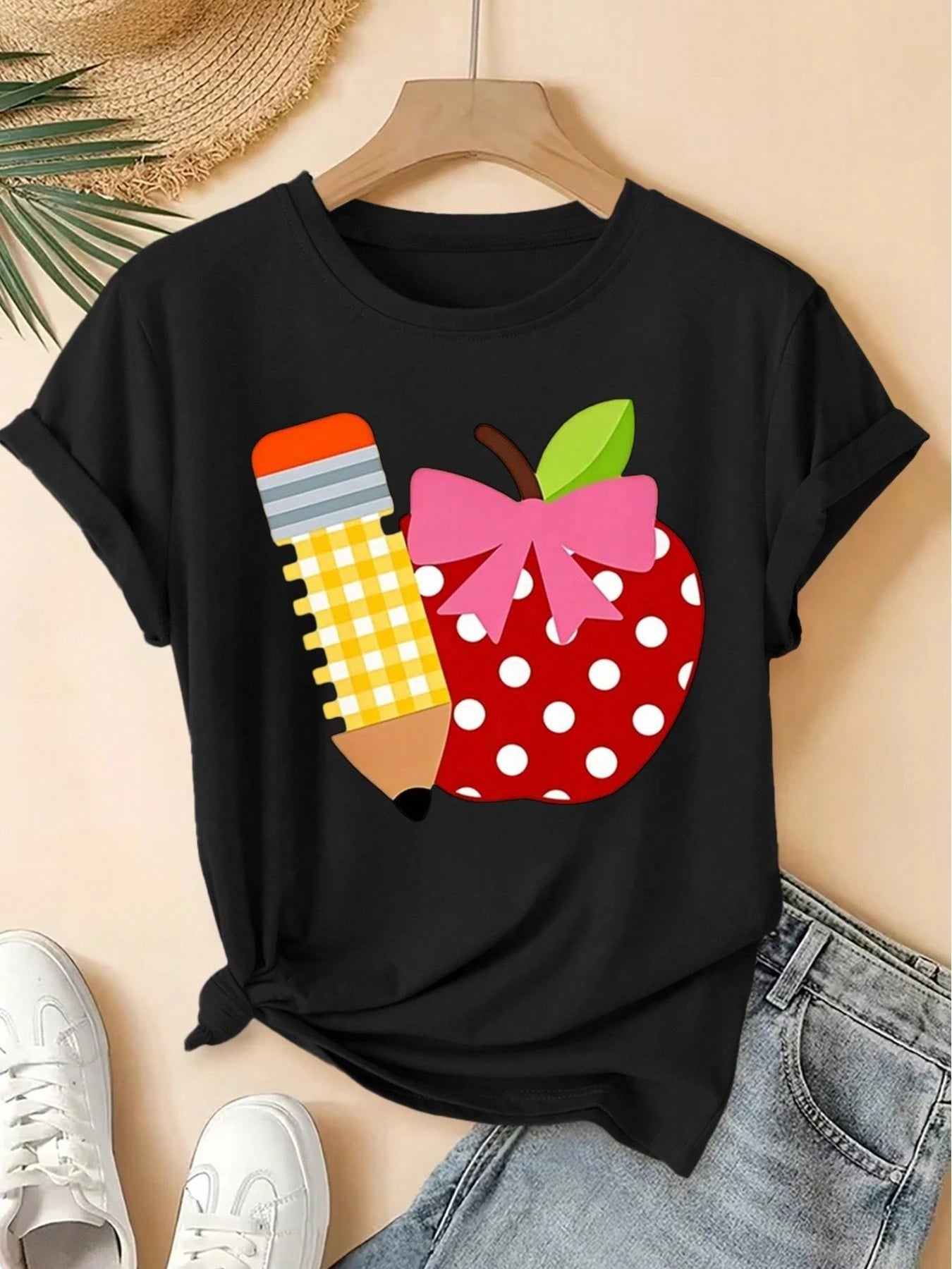 Back To School Outfits,Women'S Teacher T-Shirt, Cute Pencil And Apple With Polka Dot Bow, Heart Apple Design,Casual Top For Educators100%Cotton