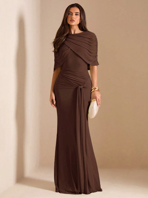 BAE Autumn Dark Brown Mesh Shawl Evening Gown, High Neck Draped Pleated Tie-Up Fitted Mermaid Long Dress, Elegant Wedding Formal Guest Party Dress