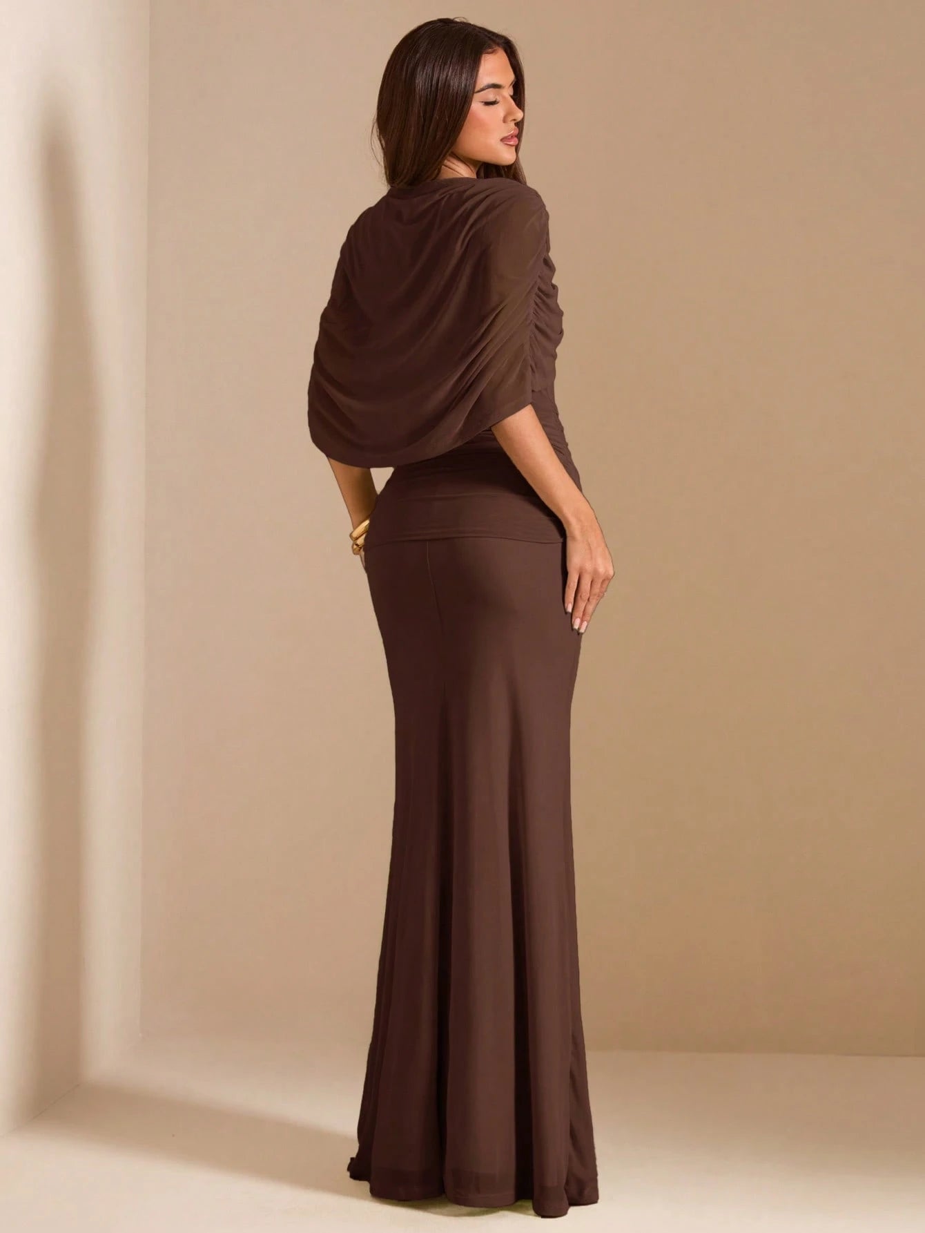 BAE Autumn Dark Brown Mesh Shawl Evening Gown, High Neck Draped Pleated Tie-Up Fitted Mermaid Long Dress, Elegant Wedding Formal Guest Party Dress