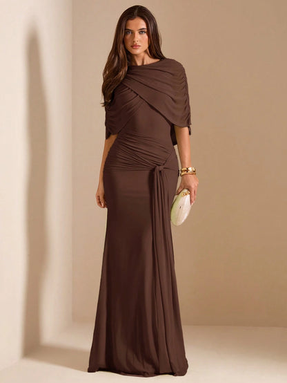 BAE Autumn Dark Brown Mesh Shawl Evening Gown, High Neck Draped Pleated Tie-Up Fitted Mermaid Long Dress, Elegant Wedding Formal Guest Party Dress