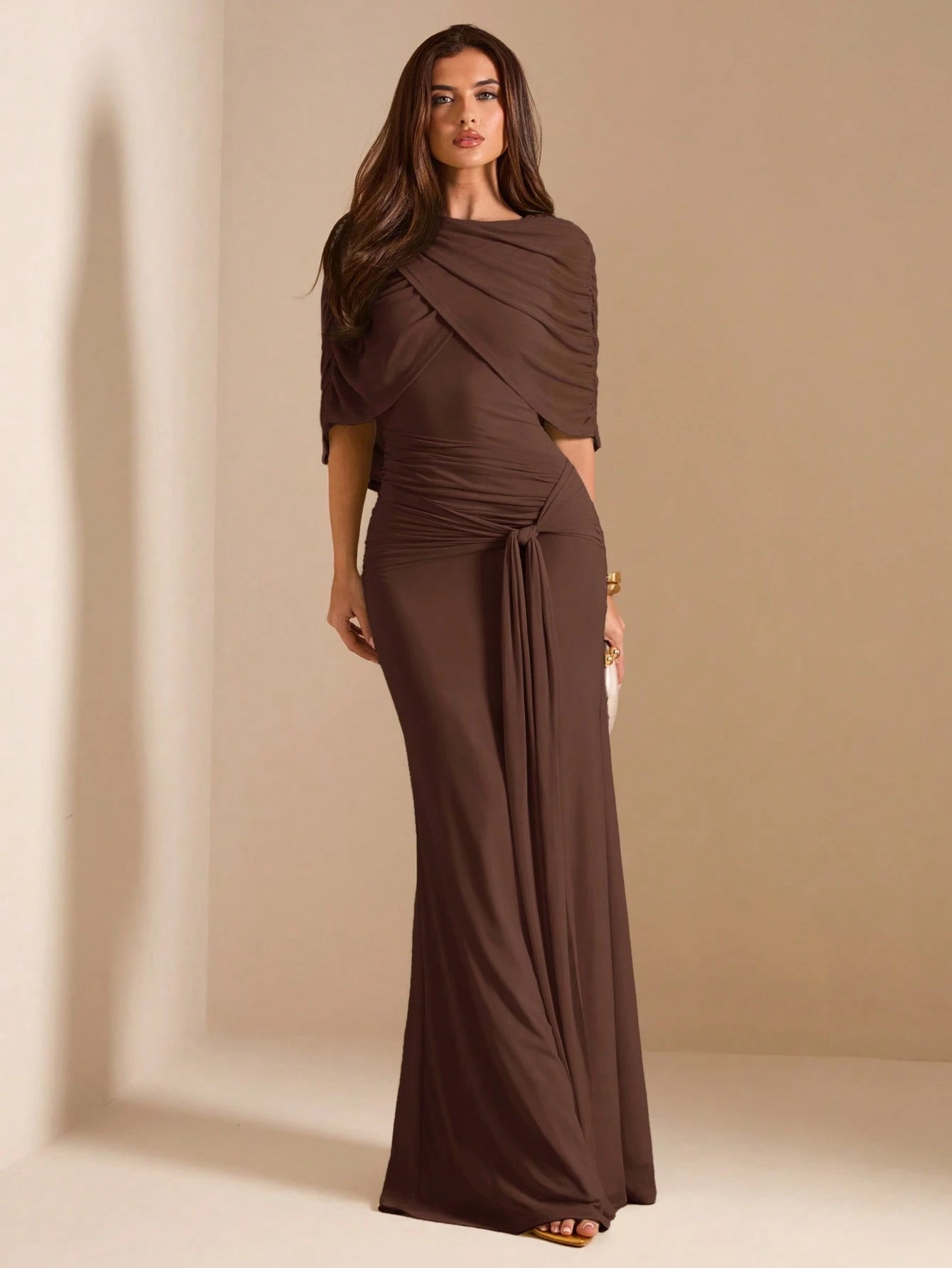 BAE Autumn Dark Brown Mesh Shawl Evening Gown, High Neck Draped Pleated Tie-Up Fitted Mermaid Long Dress, Elegant Wedding Formal Guest Party Dress