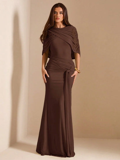 BAE Autumn Dark Brown Mesh Shawl Evening Gown, High Neck Draped Pleated Tie-Up Fitted Mermaid Long Dress, Elegant Wedding Formal Guest Party Dress