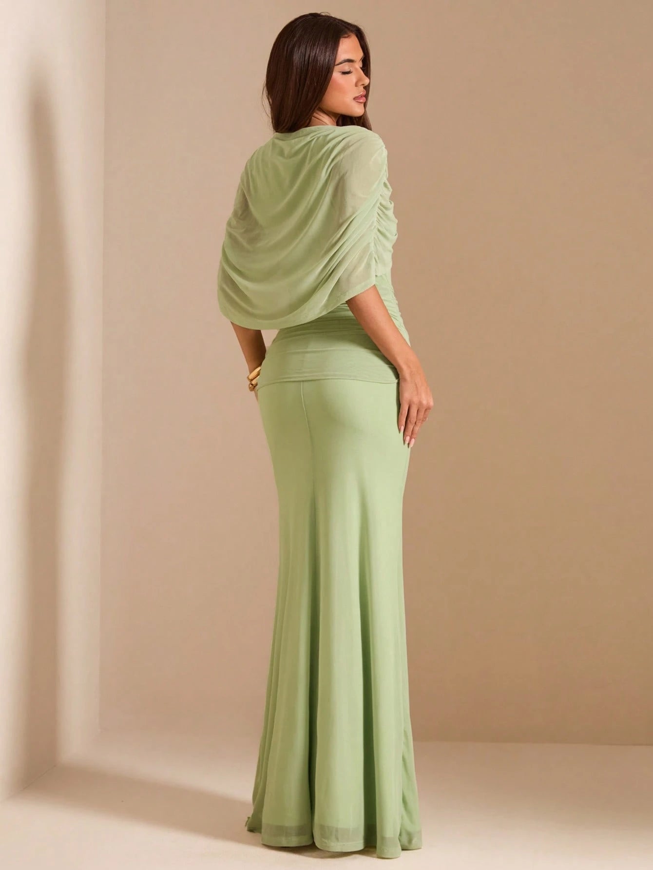 BAE Autumn Dark Brown Mesh Shawl Evening Gown, High Neck Draped Pleated Tie-Up Fitted Mermaid Long Dress, Elegant Wedding Formal Guest Party Dress