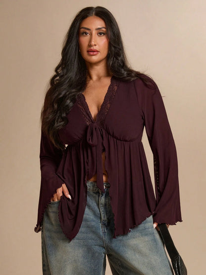 BAE CURVE Plus Size Women's Dark Purple Bell Sleeve Lace T-Shirt, Elegant Top, Festival, Party Brunch Dinner Date Night Evening Cocktail, Wedding, Autumn