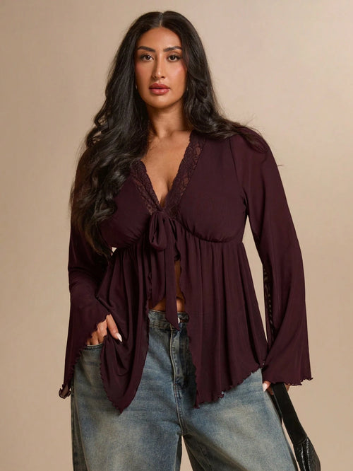 BAE CURVE Plus Size Women's Dark Purple Bell Sleeve Lace T-Shirt, Elegant Top, Festival, Party Brunch Dinner Date Night Evening Cocktail, Wedding, Autumn
