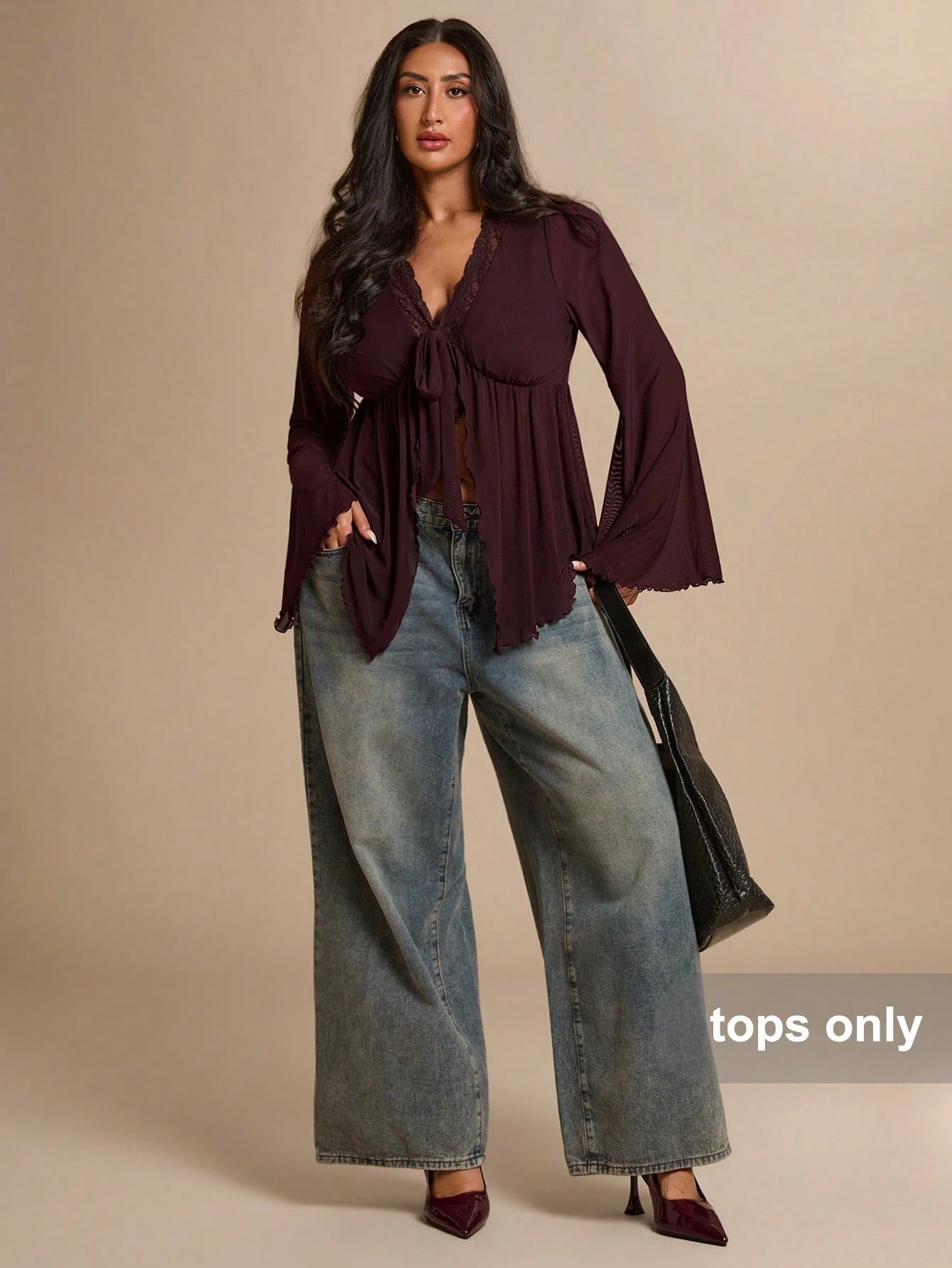 BAE CURVE Plus Size Women's Dark Purple Bell Sleeve Lace T-Shirt, Elegant Top, Festival, Party Brunch Dinner Date Night Evening Cocktail, Wedding, Autumn