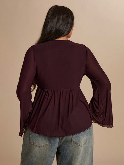 BAE CURVE Plus Size Women's Dark Purple Bell Sleeve Lace T-Shirt, Elegant Top, Festival, Party Brunch Dinner Date Night Evening Cocktail, Wedding, Autumn