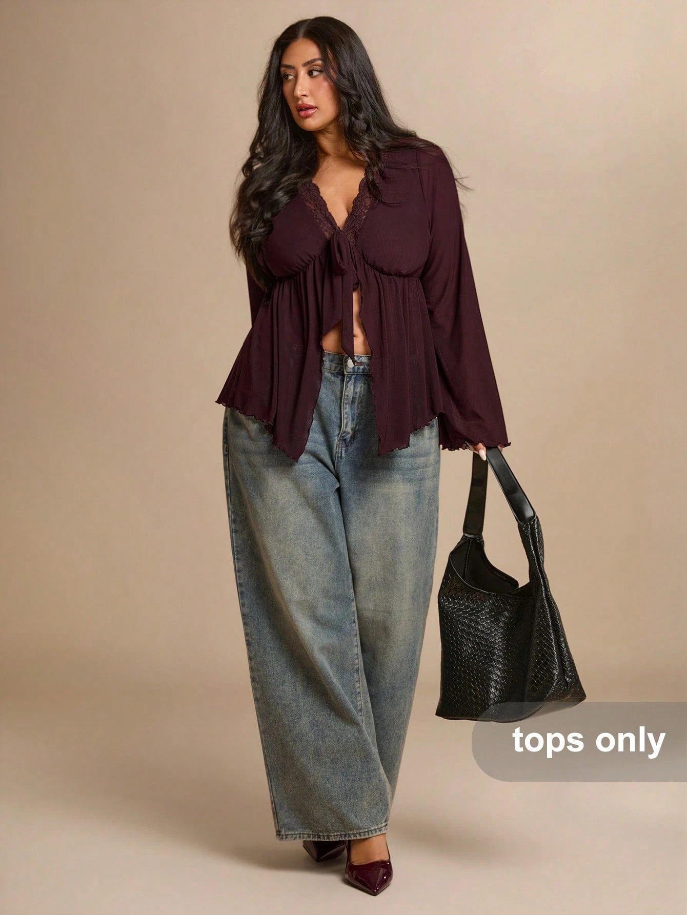 BAE CURVE Plus Size Women's Dark Purple Bell Sleeve Lace T-Shirt, Elegant Top, Festival, Party Brunch Dinner Date Night Evening Cocktail, Wedding, Autumn