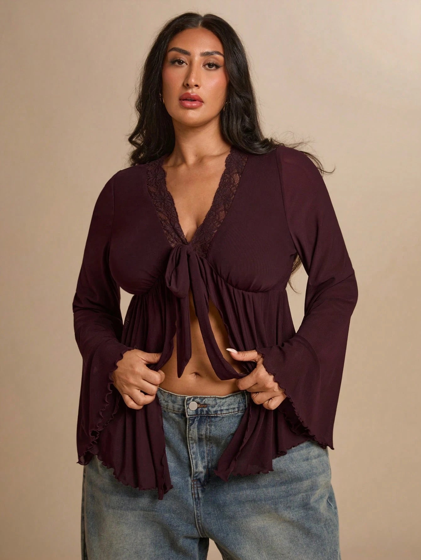 BAE CURVE Plus Size Women's Dark Purple Bell Sleeve Lace T-Shirt, Elegant Top, Festival, Party Brunch Dinner Date Night Evening Cocktail, Wedding, Autumn
