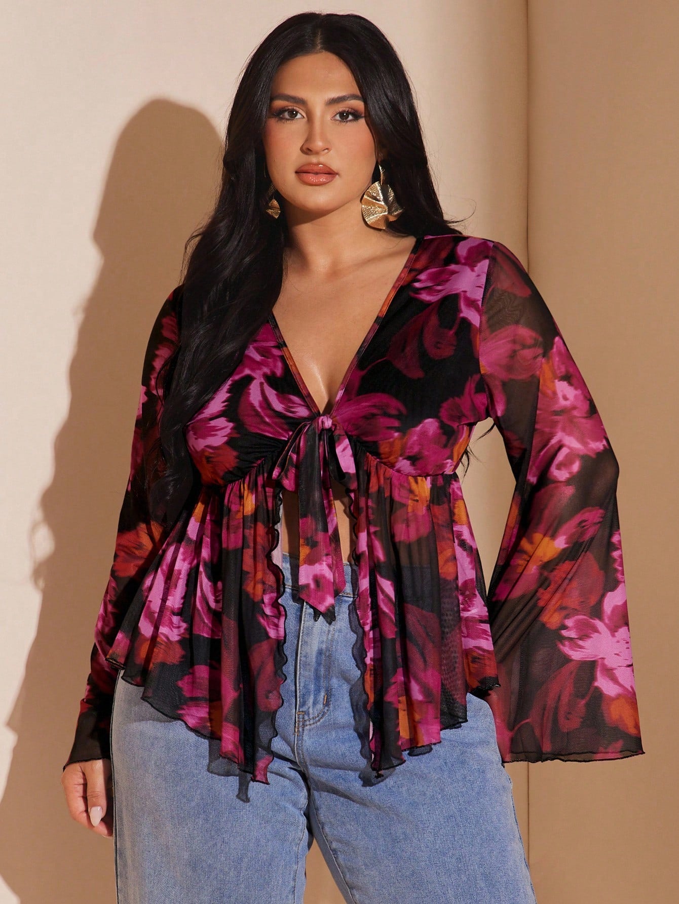 BAE CURVE Plus Size Women's Dark Purple Bell Sleeve Lace T-Shirt, Elegant Top, Festival, Party Brunch Dinner Date Night Evening Cocktail, Wedding, Autumn