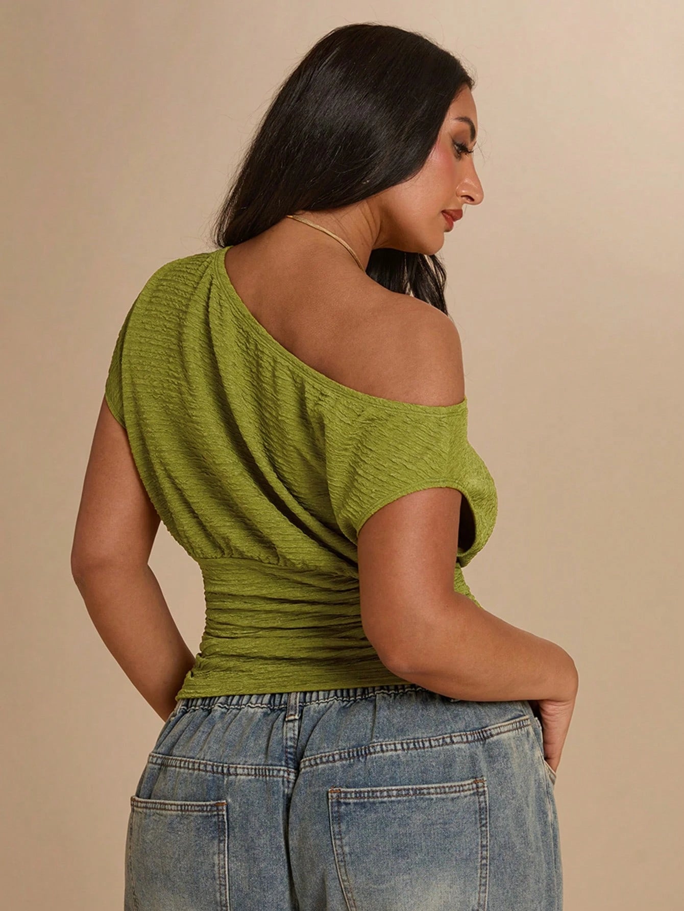 BAE CURVE Plus Size Women's Olive Green Summer Casual Night Out Asymmetrical Shoulder Ruched Waist Textured T-Shirt,Beach Vacation Music Festival Daily Wear Top