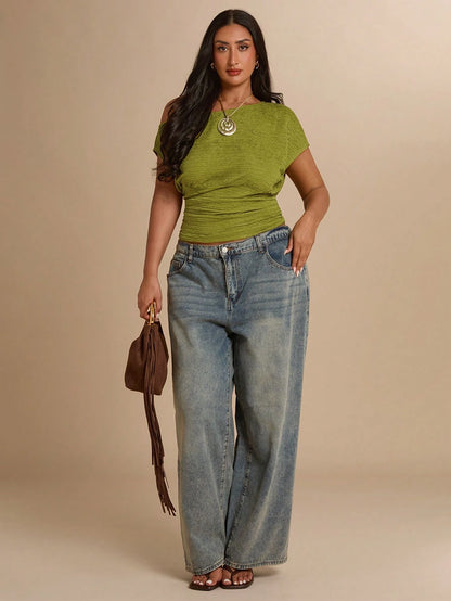 BAE CURVE Plus Size Women's Olive Green Summer Casual Night Out Asymmetrical Shoulder Ruched Waist Textured T-Shirt,Beach Vacation Music Festival Daily Wear Top