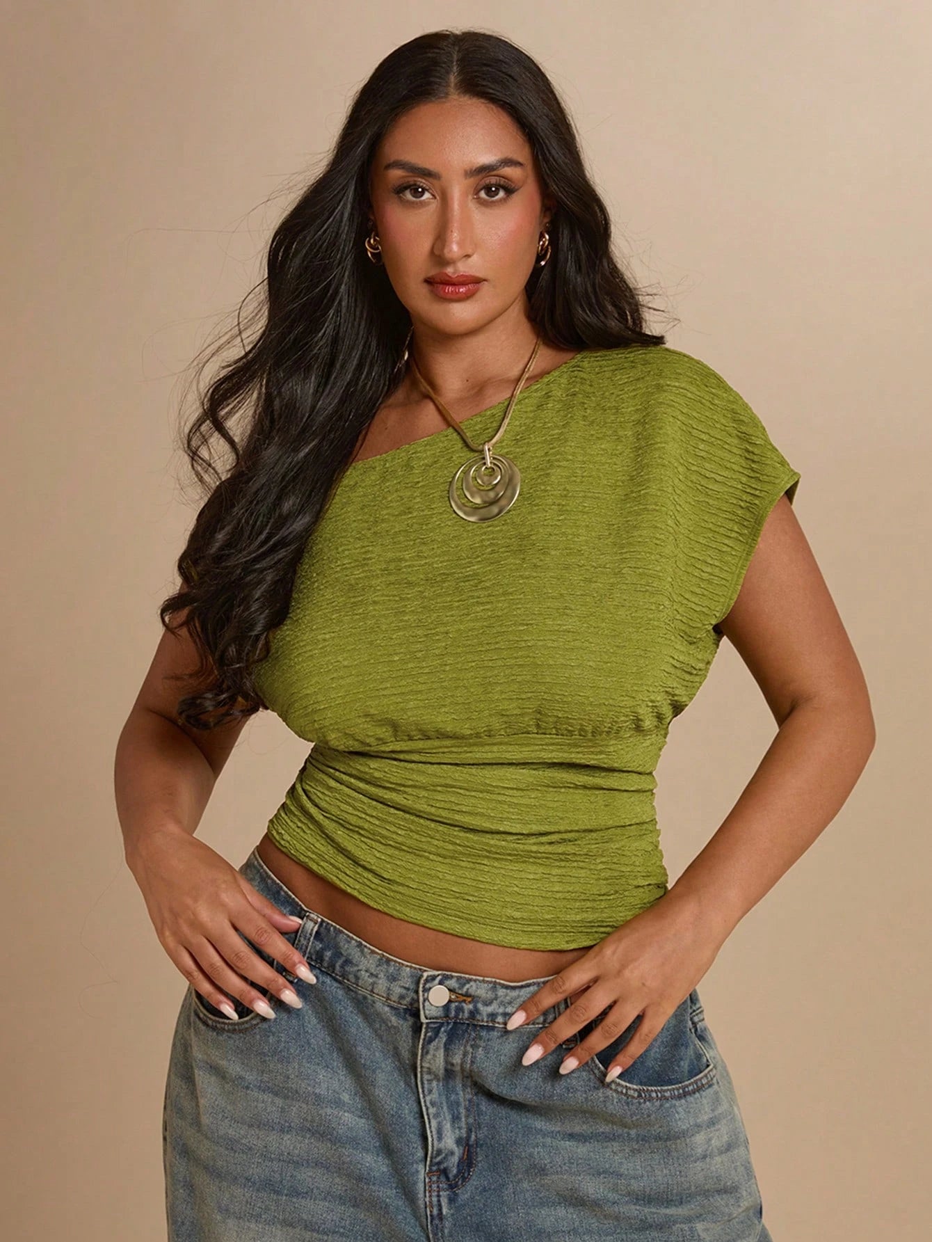 BAE CURVE Plus Size Women's Olive Green Summer Casual Night Out Asymmetrical Shoulder Ruched Waist Textured T-Shirt,Beach Vacation Music Festival Daily Wear Top