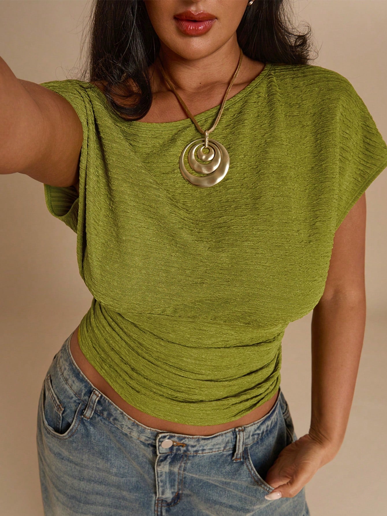 BAE CURVE Plus Size Women's Olive Green Summer Casual Night Out Asymmetrical Shoulder Ruched Waist Textured T-Shirt,Beach Vacation Music Festival Daily Wear Top