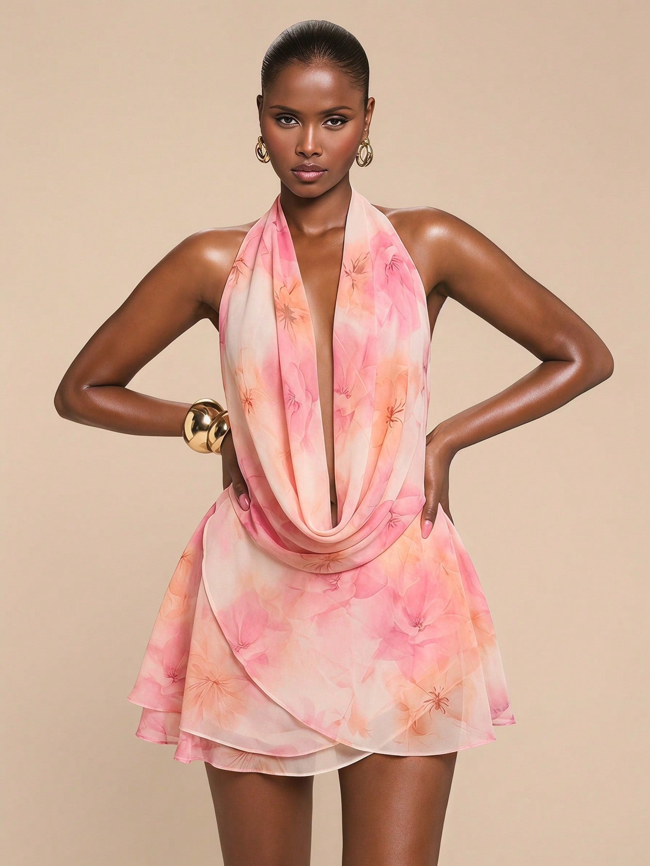 BAE Floral Print Chiffon Draped Neck Backless Ruffle Hem Elegant Maxi Dress, Suitable For Beach Vacation Vacation, Long Pink Floral Summer
