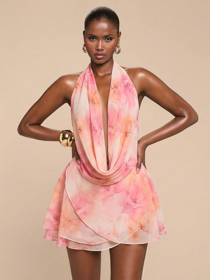 BAE Floral Print Chiffon Draped Neck Backless Ruffle Hem Elegant Maxi Dress, Suitable For Beach Vacation Vacation, Long Pink Floral Summer