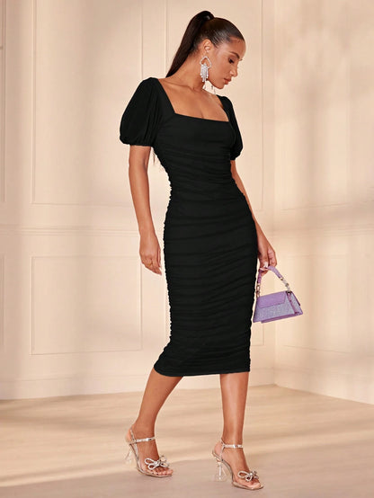 BAE Square Neck Puff Sleeve Ruched Mesh Bodycon Dress