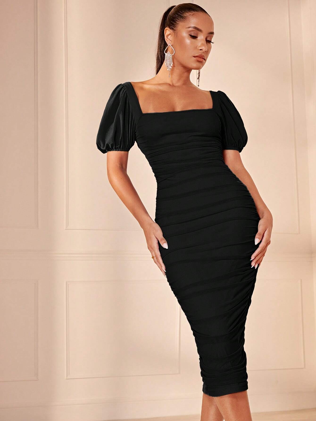 BAE Square Neck Puff Sleeve Ruched Mesh Bodycon Dress