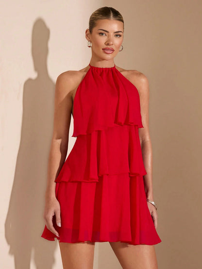 BAE Summer Beach Vacation Red Ruffle Hem Chiffon Mini Dress, Suitable For Daily Dating, Night Out, Nightclub, Party, Gathering, Cocktail Party
