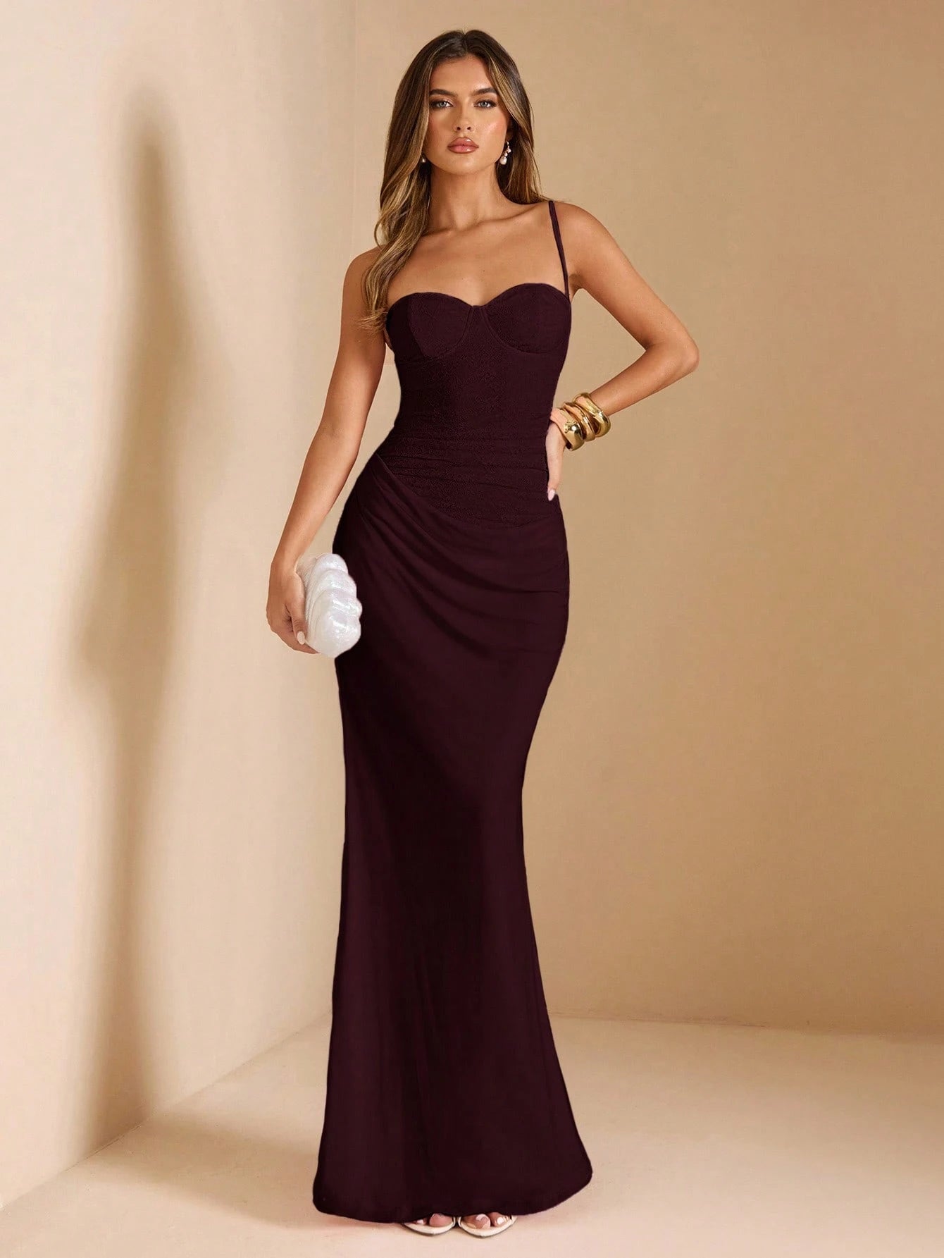 BAE Summer Women Elegant Dark Purple Lace Patchwork Spaghetti Strap Dress,Suitable For Dining,Graduation Party,Wedding Guest,Banquet,Valentine Outfits