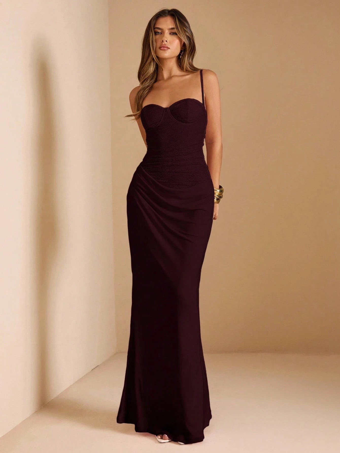 BAE Summer Women Elegant Dark Purple Lace Patchwork Spaghetti Strap Dress,Suitable For Dining,Graduation Party,Wedding Guest,Banquet,Valentine Outfits