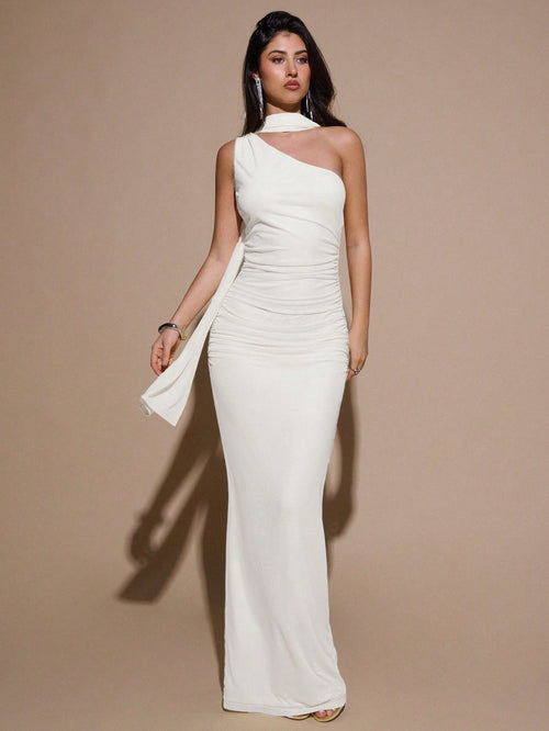 BAE Summer Women's Solid Cream White Light Asymmetric Neck Ruched Bodycon Mesh Sexy Elegant Dress, Party Cocktail Formal Occasion Wedding Bridesmaid
