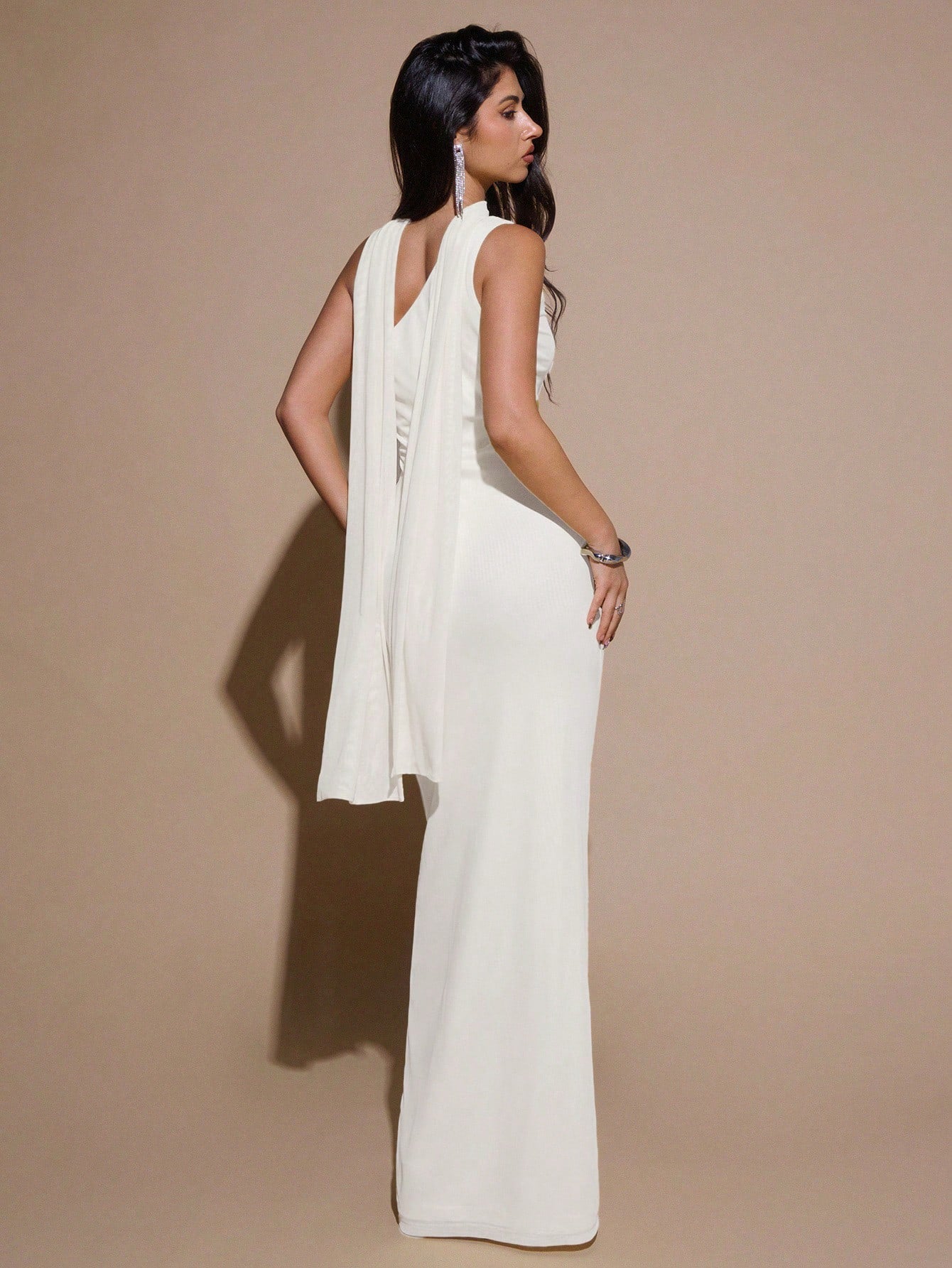 BAE Summer Women's Solid Cream White Light Asymmetric Neck Ruched Bodycon Mesh Sexy Elegant Dress, Party Cocktail Formal Occasion Wedding Bridesmaid