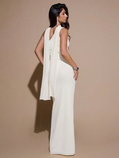 BAE Summer Women's Solid Cream White Light Asymmetric Neck Ruched Bodycon Mesh Sexy Elegant Dress, Party Cocktail Formal Occasion Wedding Bridesmaid