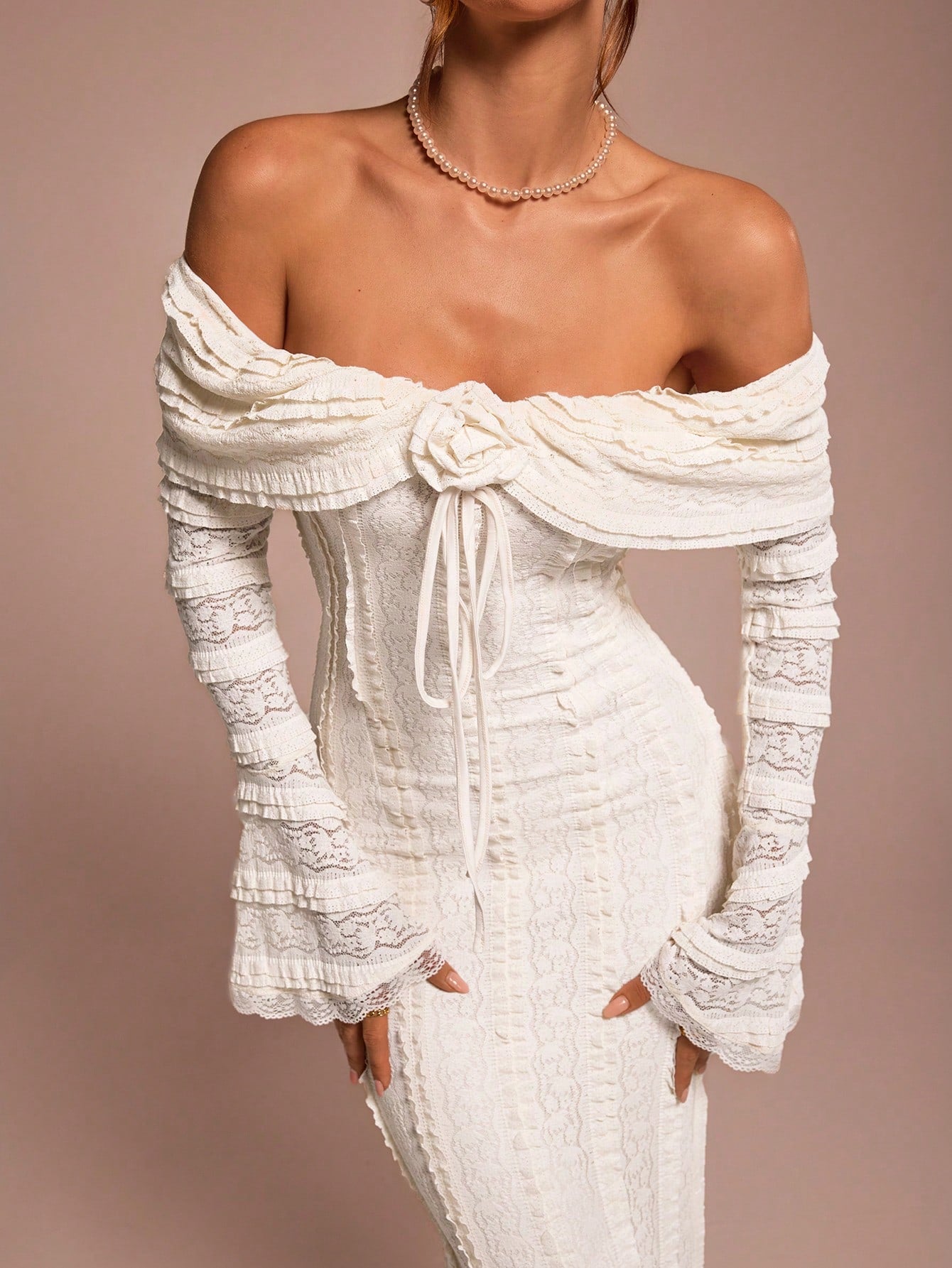 BAE Tea Break Outfit Sweet And Elegant Romantic Dress Off-Shoulder Long-Sleeved Date Dinner Formal 3D Floral Wedding Outfits For Women Off-White Autumn