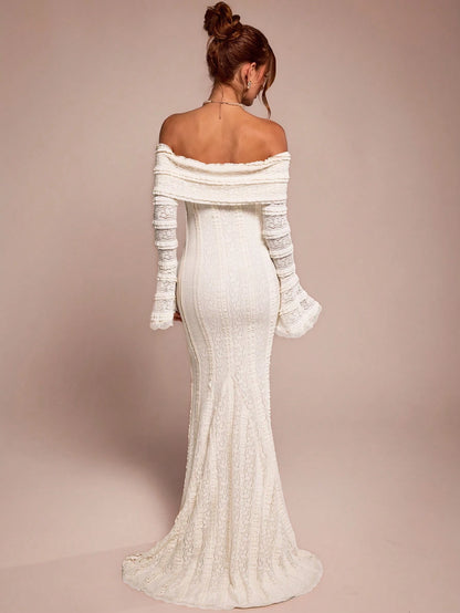 BAE Tea Break Outfit Sweet And Elegant Romantic Dress Off-Shoulder Long-Sleeved Date Dinner Formal 3D Floral Wedding Outfits For Women Off-White Autumn