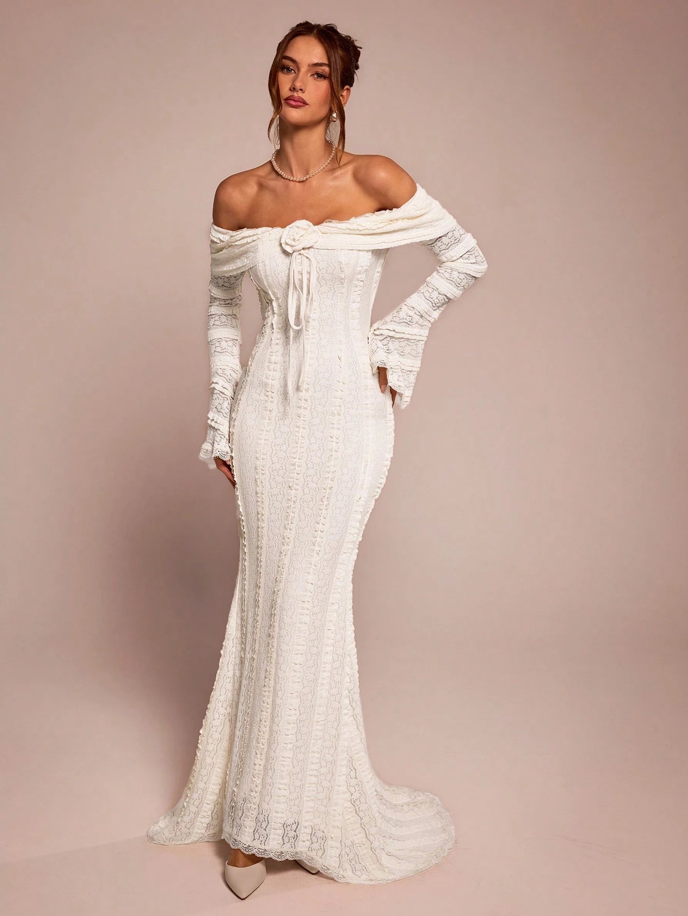 BAE Tea Break Outfit Sweet And Elegant Romantic Dress Off-Shoulder Long-Sleeved Date Dinner Formal 3D Floral Wedding Outfits For Women Off-White Autumn