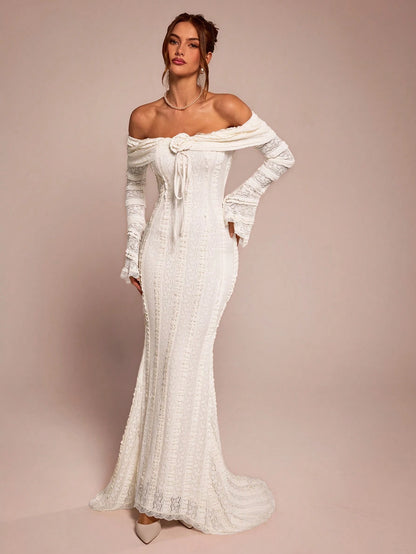 BAE Tea Break Outfit Sweet And Elegant Romantic Dress Off-Shoulder Long-Sleeved Date Dinner Formal 3D Floral Wedding Outfits For Women Off-White Autumn