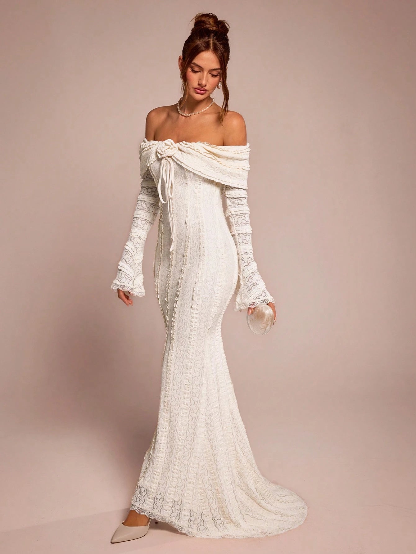BAE Tea Break Outfit Sweet And Elegant Romantic Dress Off-Shoulder Long-Sleeved Date Dinner Formal 3D Floral Wedding Outfits For Women Off-White Autumn