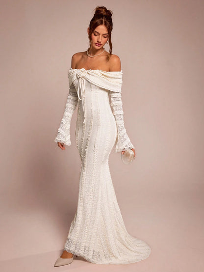 BAE Tea Break Outfit Sweet And Elegant Romantic Dress Off-Shoulder Long-Sleeved Date Dinner Formal 3D Floral Wedding Outfits For Women Off-White Autumn