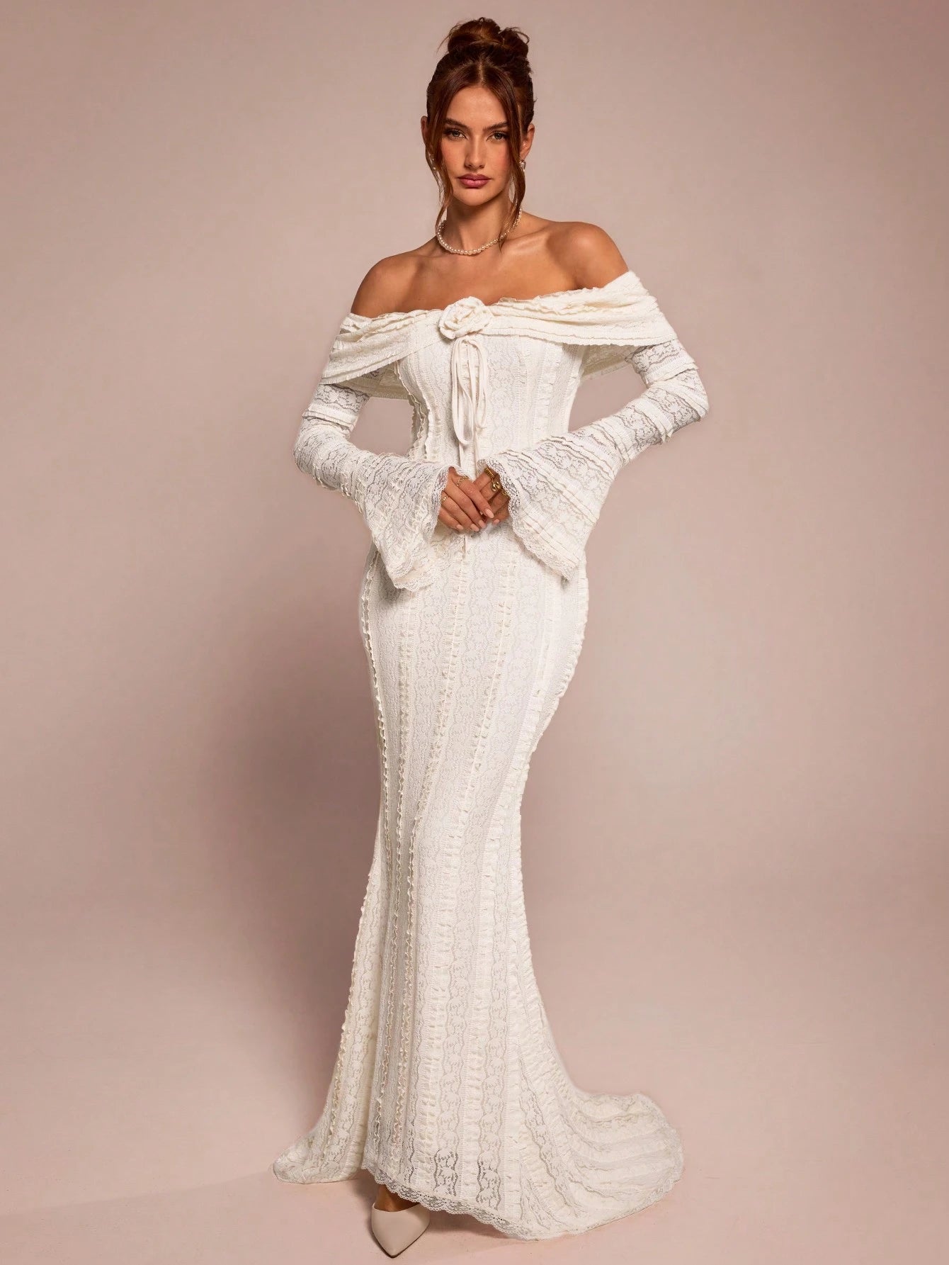BAE Tea Break Outfit Sweet And Elegant Romantic Dress Off-Shoulder Long-Sleeved Date Dinner Formal 3D Floral Wedding Outfits For Women Off-White Autumn