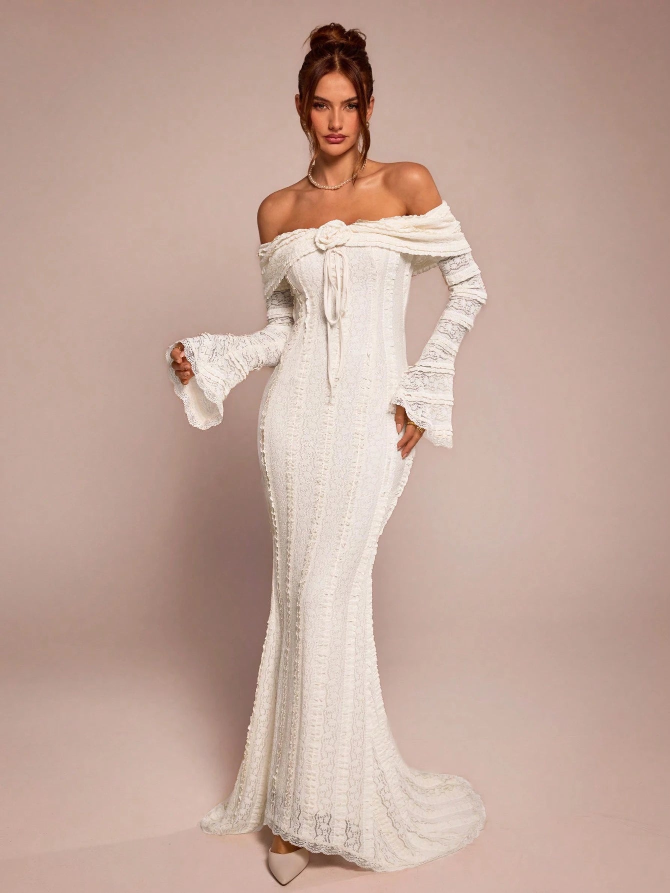 BAE Tea Break Outfit Sweet And Elegant Romantic Dress Off-Shoulder Long-Sleeved Date Dinner Formal 3D Floral Wedding Outfits For Women Off-White Autumn