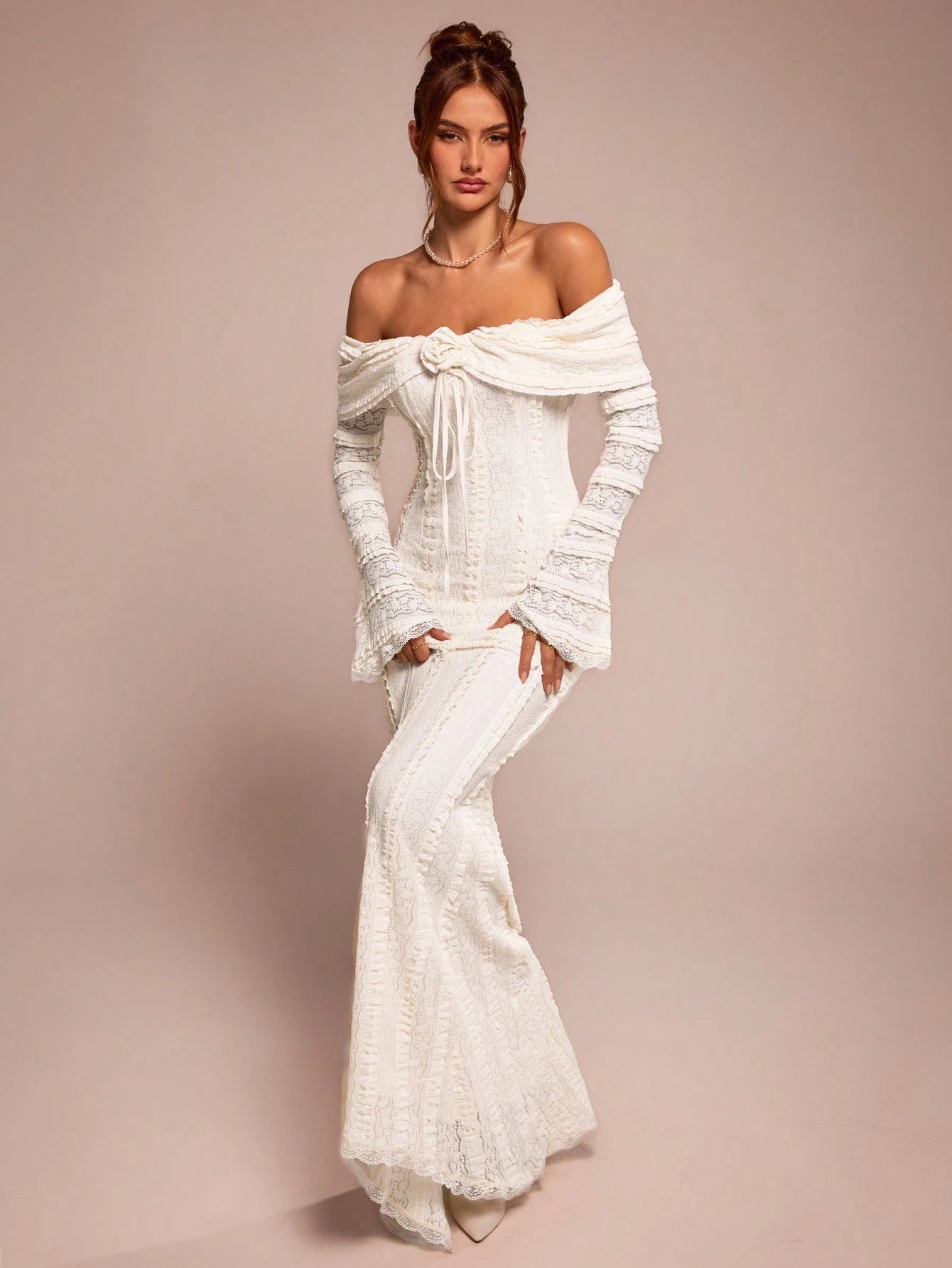 BAE Tea Break Outfit Sweet And Elegant Romantic Dress Off-Shoulder Long-Sleeved Date Dinner Formal 3D Floral Wedding Outfits For Women Off-White Autumn