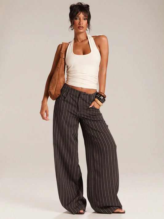 BAE Women's Blue White Stripe Wide Leg Casual Pants,Summer Streetwear For City Break,Striped Pocket Loose Trousers,Versatile Everyday Work School Wear