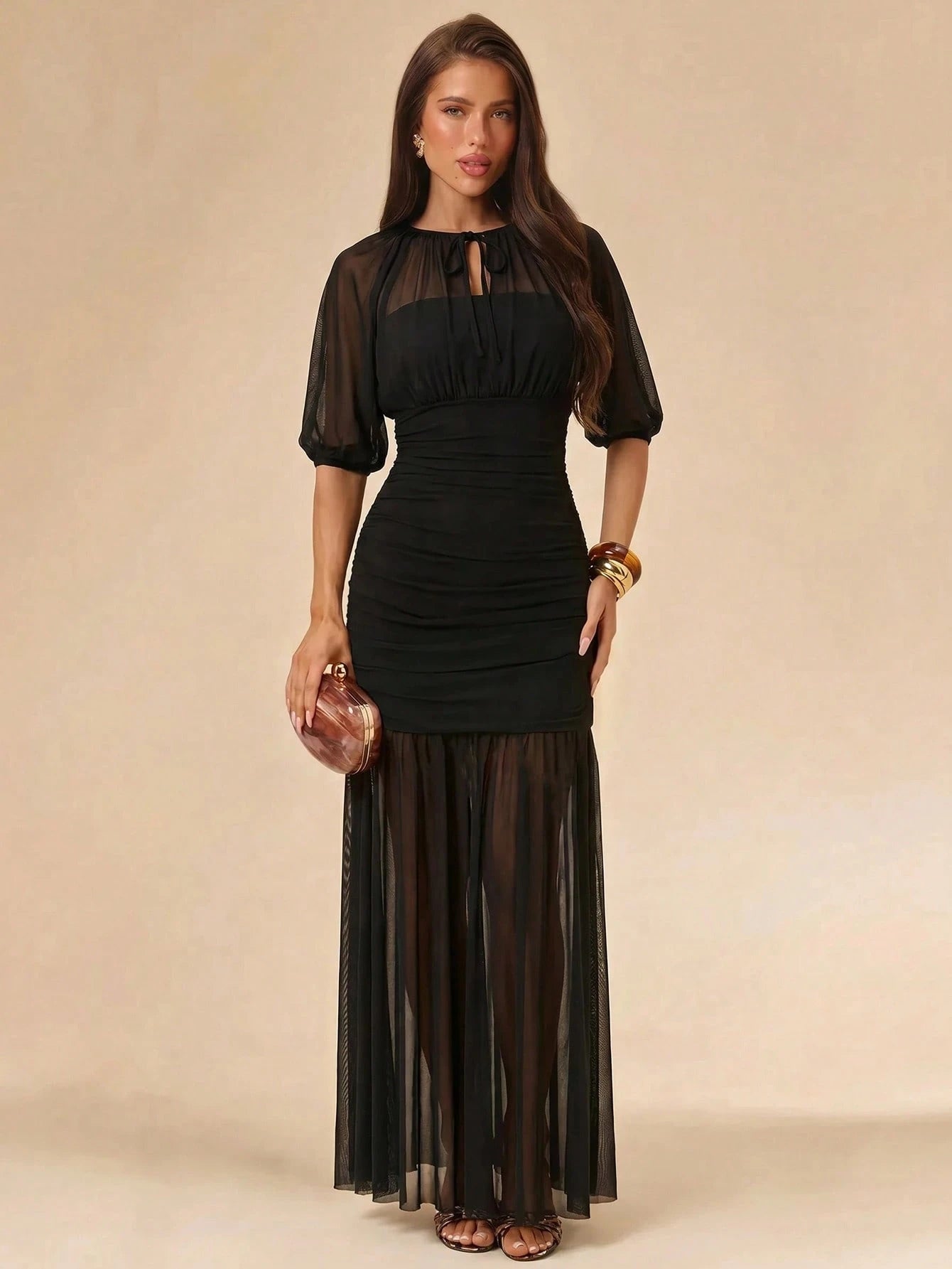BAE Women's Fashion Pleated Waist Tie Elegant Dress Bar Party Dinner Black Autumn