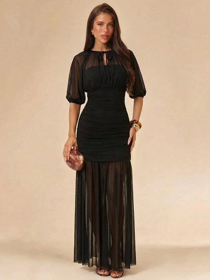 BAE Women's Fashion Pleated Waist Tie Elegant Dress Bar Party Dinner Black Autumn