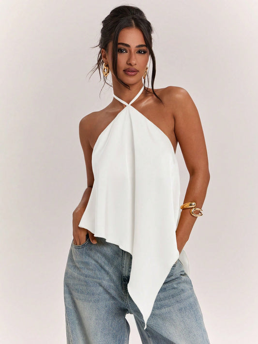 BAE Women's Spring/Summer Casual Vacation Halter Neck Backless Asymmetrical Hem White Solid Satin Tank Top, Suitable For Beach Date Night Vacation