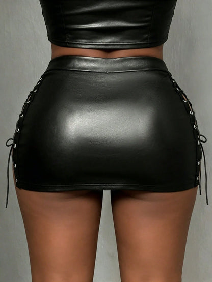 BamGleam European And American Style Side Lace-Up PU Leather Mini Skirt, High Waist Bodycon Slim Fit Sexy Versatile Pencil Skirt