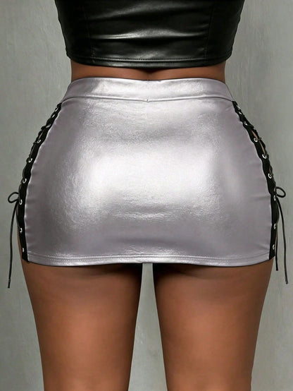 BamGleam European And American Style Side Lace-Up PU Leather Mini Skirt, High Waist Bodycon Slim Fit Sexy Versatile Pencil Skirt