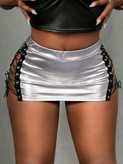 BamGleam European And American Style Side Lace-Up PU Leather Mini Skirt, High Waist Bodycon Slim Fit Sexy Versatile Pencil Skirt