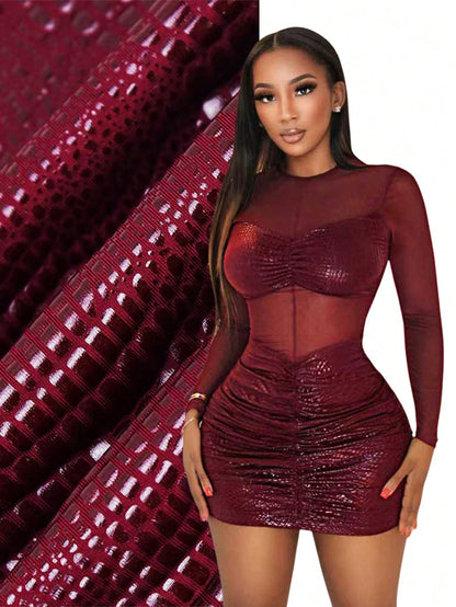 BamGleam Women's Sexy Red Mesh Bodycon Dress Round Neck Long Sleeve Short Pencil Hem