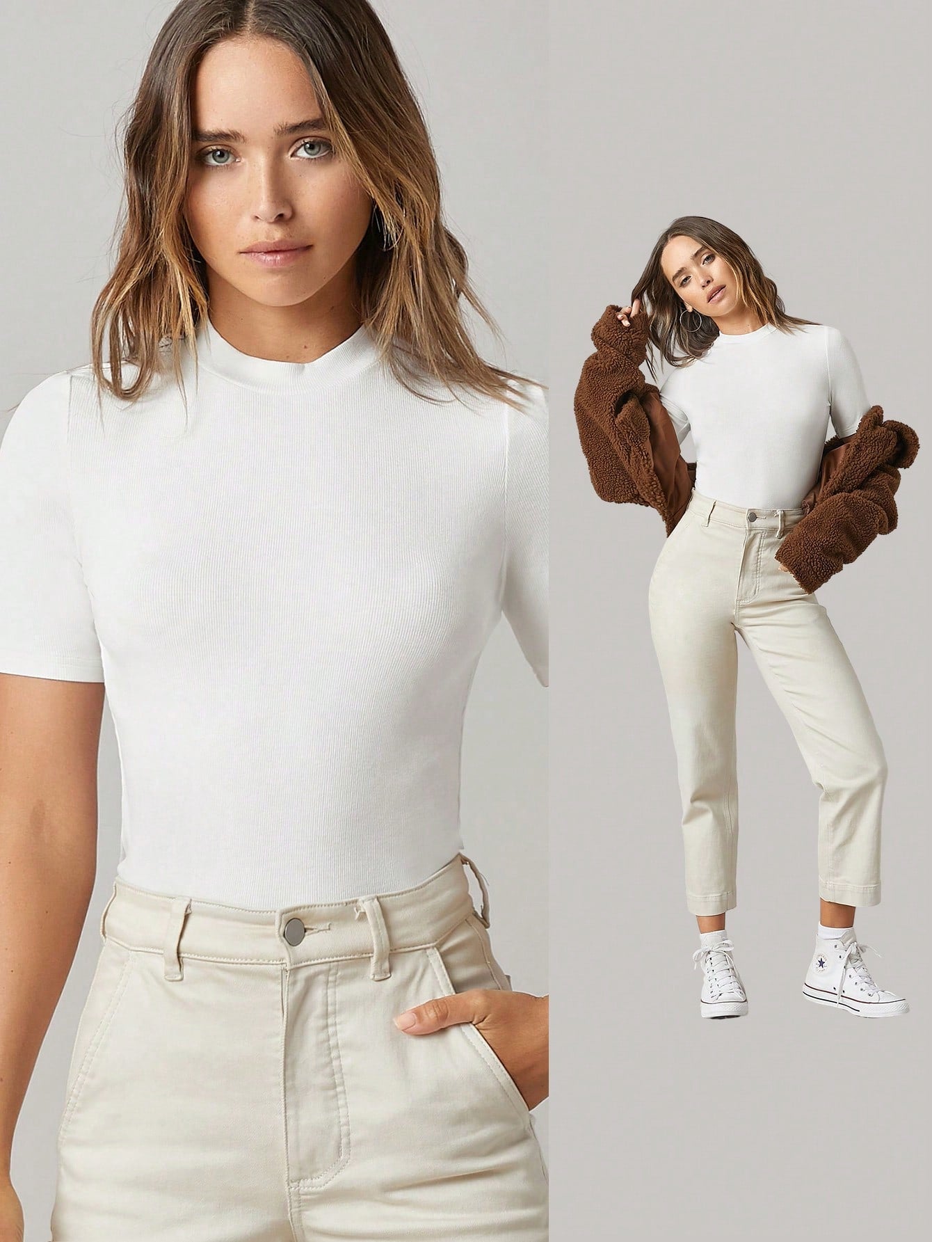 BASICS Mock-Neck Rib-Knit Top Tops For Women White Tops