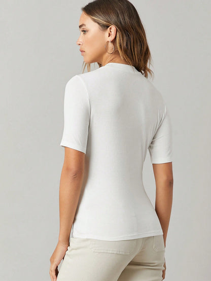 BASICS Mock-Neck Rib-Knit Top Tops For Women White Tops